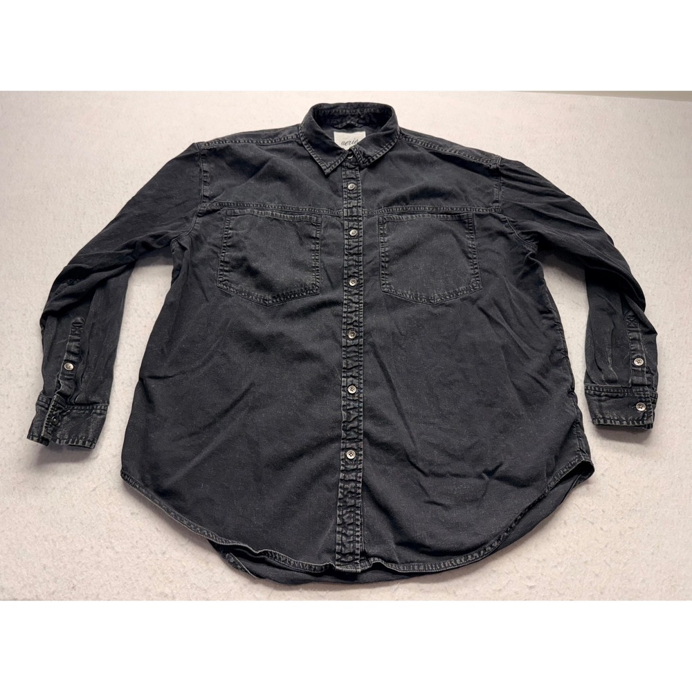 Aerie Womens Small Washed Black Denim Button Down Shirt Long Sleeve Oversized
